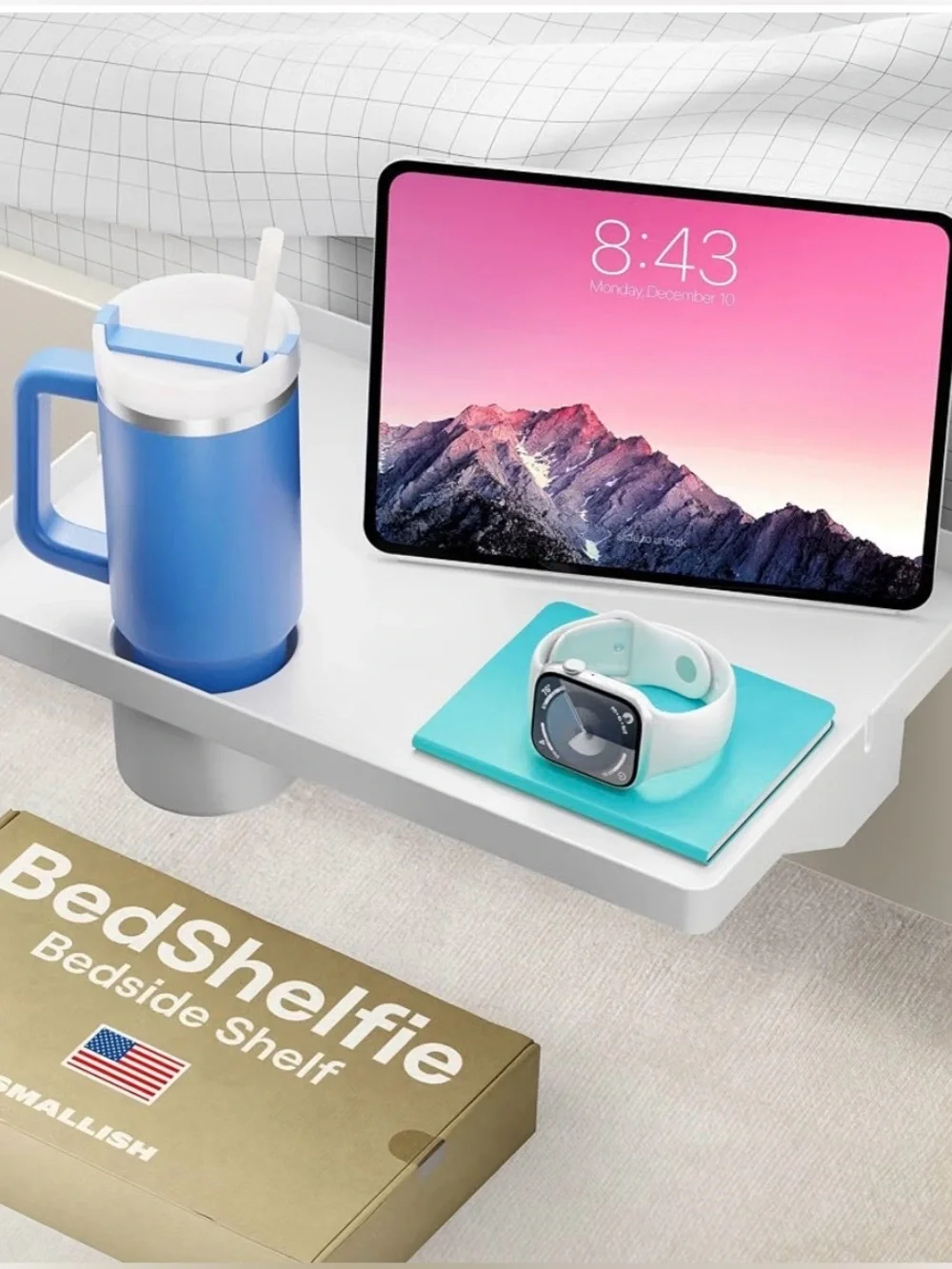 BedShelfie Bedside Shelf for Dorm Room- Cup Holder, White
